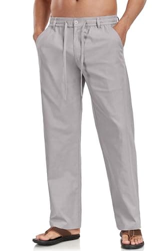 Boisouey Mens Casual Linen Pants Loose Fit Elastic Waist Drawstring Beach Summer Yoga Trousers Dark Grey XL