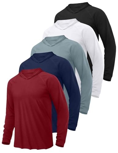 HovSiyla 5 Pack Men's Hoodies Sun Protection Fishing Shirts Moisture Wicking Long Sleeve Athletic UPF Rash Guards Shirts Thumb Hole Tops Black Grey White Navy Red Medium