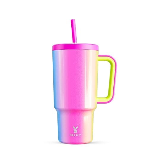 Meoky 30 oz Tumbler with Handle, Tumbler with Lid and Straw, Insulated Stainless Steel Travel Mug, 100% Leak-proof, Cupholder Friendly, Keeps Cold for 24 Hours or Hot for 8 Hours (Carnival)