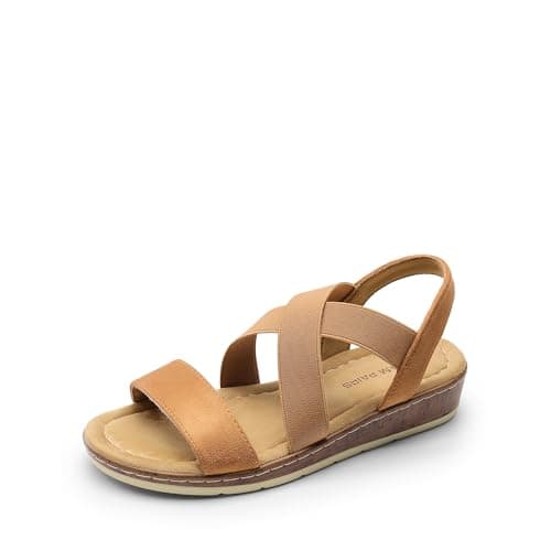 DREAM PAIRS Women's Dressy Slip on Elastic Ankle Strap Summer Wedge Heels Low Wedge Cork Beach Sandals for Women Casual Vacation,Size 8,Camel,DWUMFS2505