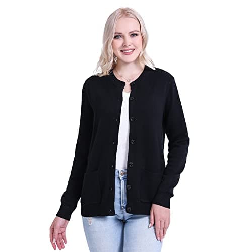 SMILING PINKER Women Cardigan Sweater Button Down Crew Neck Ribbed Knit Sweater with Pockets(Small,Black)
