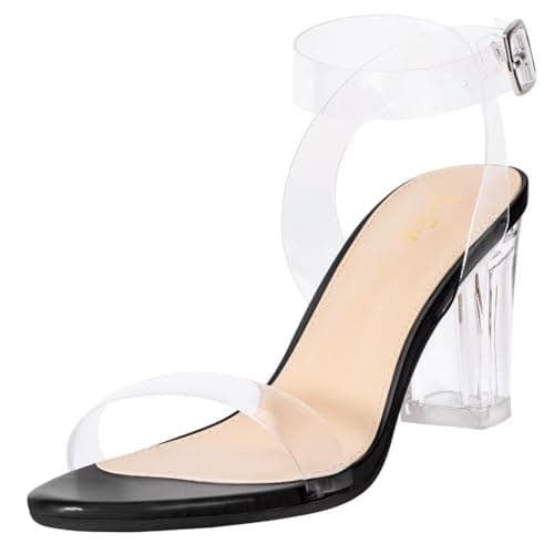 ZriEy Women's Black Clear Heels Chunky Block Mid High Heeled Sandals Open Toe Transparent Ankle Strap Dress Pump Shoes Size 8.5 for Women in Daily Wear Party Wedding