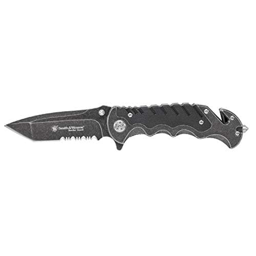 Smith & Wesson Border Guard SWBG10S 8.3in High Carbon S.S. Folding Knife with 3.5in Serrated Tanto Blade and Aluminum Handle for Outdoor, Tactical, Survival and EDC ,Black