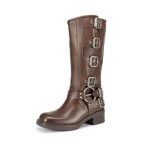 DREAM PAIRS Women's Knee High Riding Boots Side Zipper Motorcycle Boots Square Toe Chunky Heel Fashion Buckles Biker Boots,Size 7,Tan,SDKB2416W