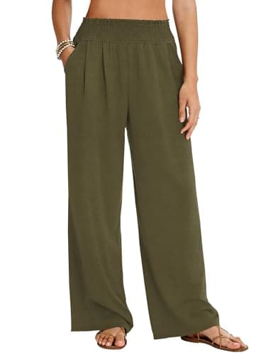 LOMON Palazzo Pants for Women Casual Wide Leg Summer Flowy Pants Beach Vacation Clothes 2026 Boho Travel Lounge Trousers with Pockets Army Green