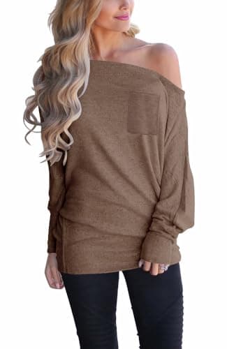INFITTY Long Sleeve Going Out Tops - Batwing Tops for Women Off The Shoulder Casual Fall Shirts Brown S