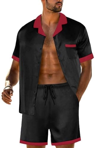 PrinStory Mens Pajamas Set Satin Silk Pajama For Men Sleepwear Shorts Summer 2 Piece Button Down Set Black Red S