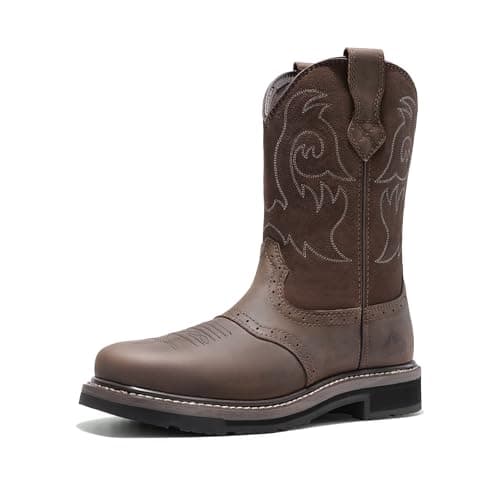 NORTIV 8 Steel Toe Cowboy Boots for Men Western Square Toe Leather Work Boots with Hazard Protection,for Construction Farming Bronco Trailblazer,Size 10,Dark Brown