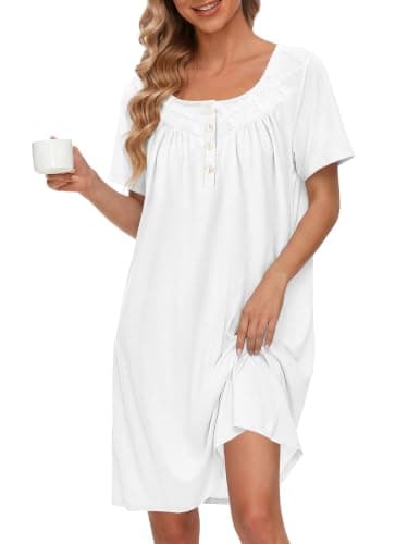 Ekouaer Nightgowns for Women Cotton Night Gown Short Sleeve Sleep Shirts Button Victorian Night Dress Soft Sleepwear White