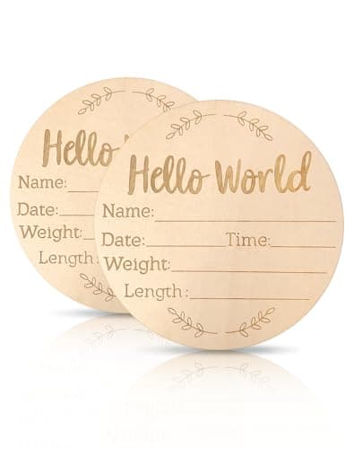 Lexaoyoo 2 Pack Baby Announcement Sign, 5.9 Inch Wooden Hello World Newborn Signs, Name tags for twin babies, Baby Shower Hospital Nursery for Newborn Boys and Girls