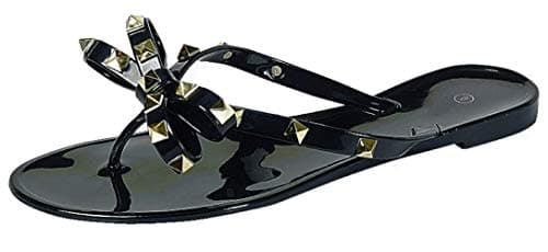 TOP Moda Women's Studded Jelly Flip Flops Sandals with Bow Black 11M