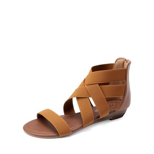DREAM PAIRS Women's Elastic Ankle Strap Sandals Gladiator Strappy Low Wedges Sandals,Size 5,Tan,ELASTICA8