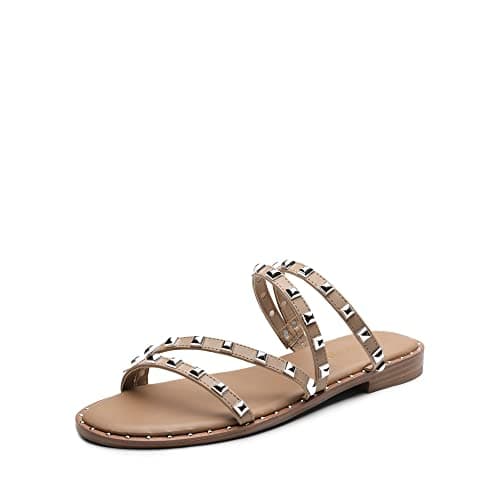 DREAM PAIRS Women's Clear Studded Rhinestone Slide Sandals Slip on Open Toe Cute Flat Sandals for Summer,Size 7,Nude/PU/Rivet,SDSS2213W