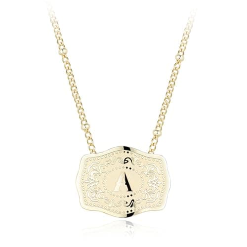 Holylegend 14K Gold-Plated Initial Letter Pendant Necklace with Embossed Belt Buckle, Western Cowgirl Initial Necklace for Women, Buy 1 Get 2 Chains, Personalized Jewelry Gift for Women and Men