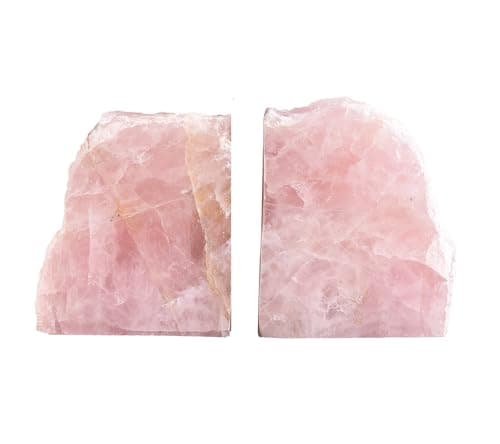 AMOYSTONE Heavy Duty Rose Quartz Bookends - Natural Stone Shelf Organizer with Non-Skid Base for Desks & Shelves (1 Pair, 6-8 LBS)