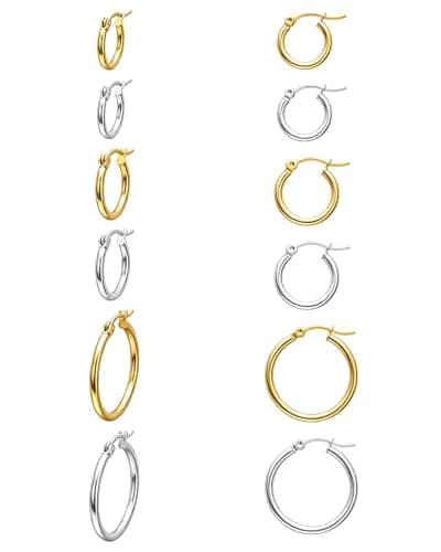 6 Pairs Small Silver Gold Hoop Earrings for Women Surgical Steel Set