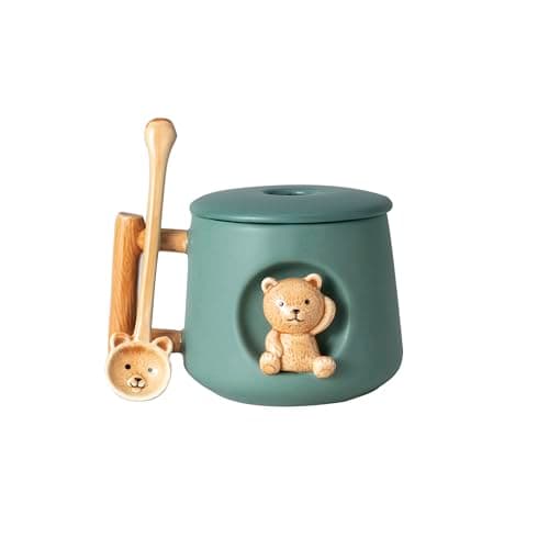DIHOclub Ceramic Coffee Mug with Lid and Matching Spoon,Novelty 3D Bear Pattern Mug 14 Ounces (Geeen)