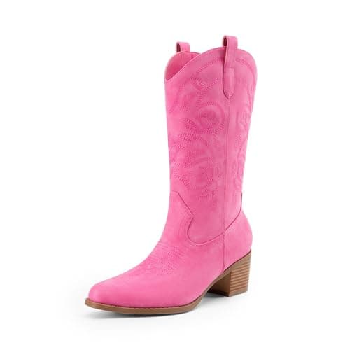 DREAM PAIRS Cowboy Boots for Women Cowgirl Western Boots Fashion Embroidery Stitched Chunky Heel Mid Calf Boots,Size 6.5,Pink-Nubuck,DWUMMB2504