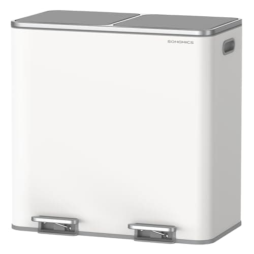 SONGMICS Trash Can, 2 x 10.6 Gallon (2 x 40 L) Garbage Can for Kitchen, with 15 Trash Bags, 2 Compartments, Plastic Inner Buckets and Hinged Lids, Airtight, White and Gray ULTB730W80
