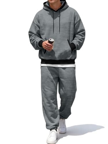 JMIERR Men's Cotton Two Piece Outfits Hoodie Sweatshirt Set, Dark Grey, L
