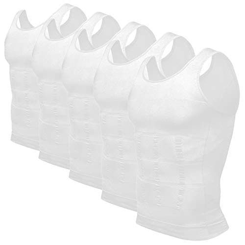 Odoland Mens 5 Pack Compression Shirt Body Shaper Slimming Tummy Vest Tank Top Shapewear, White*5, XXL