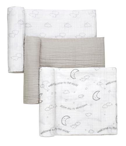 3 Pack Cotton Muslin Swaddle Blankets for Baby, 40" x 36", Lightweight, Breathable, Grey, (Welcome to The World Moon and Stars)