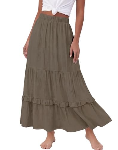 Annebouti Long Skirts for Women Summer 2026 Spring Boho Ruffle Trendy High Waisted Cute Flowy Tiered A Line Maxi Skirt Double Grey Olive S