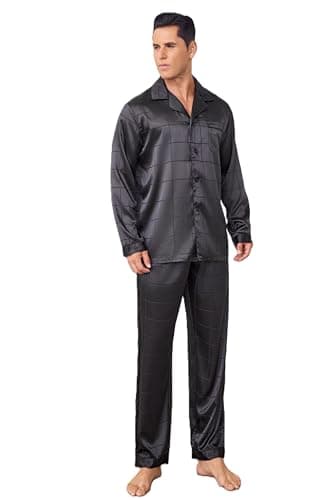 JupiterSecret Mens Silky Satin Pajamas Set Long Sleeve Button-Down Luxurious Pj 2 piece Sleepwear with Long Pants (Black Plaid,XL)