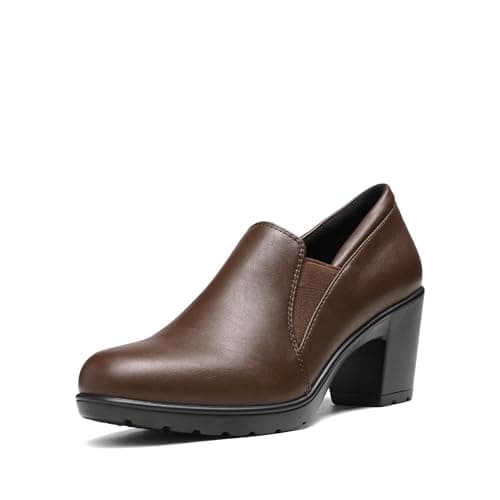 DREAM PAIRS Women's Low Chunky Block Heels Pumps Comfortable Slip-on Heeled Loafers Dress Work Shoes for Office Business LOLA,Size 5,Dark/Brown,DPU214