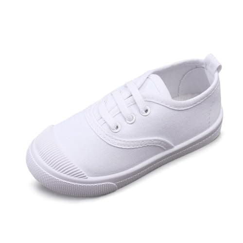 HOVELL Kids White Sneaker Toddler Slip-on Classic Canvas Shoes Girls Boys Casual Tennis Running Shoes,Elastic Lace Up,12 Little Kid