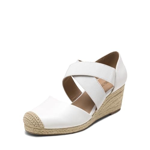 DREAM PAIRS Womens Close Toe Espadrilles Platform Slip on Elastic Criss Cross Straps Dressy Wedges Sandals,Size 5.5,White,SDPW226W