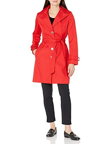 Calvin Klein Women's Single Breasted Belted Rain Jacket with Removable Hood, Cherry, Small