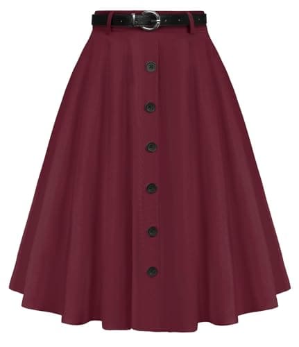 Belle Poque Button Front Skirt Vintage Womens Casual A Line Skirts Belted High Waist Midi Skirt with Pockets Wine Red XL