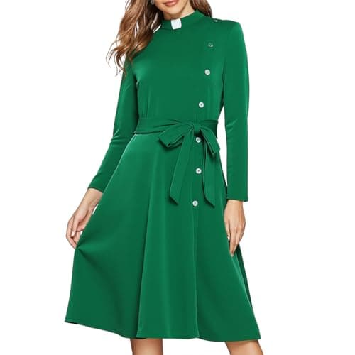 FAD-4U Church Clergy Dress for Women Spring/Autumn Long Sleeve Rows Buttons A Line Dress with Tab Collar and Belt Green