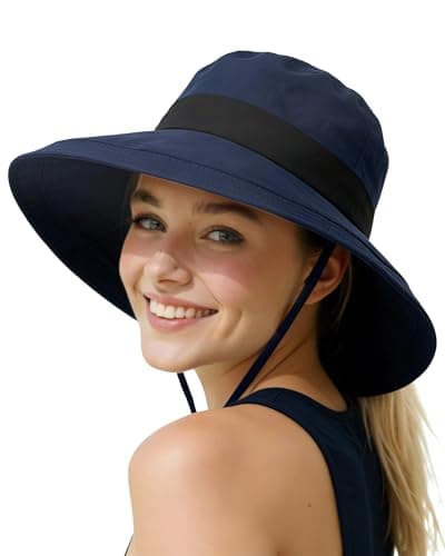 Senker Fashion Sun Hats for Women UV Protection, Waterproof Ponytail Wide Brim Bucket Hat for Summer Beach Gardening Travel Blue