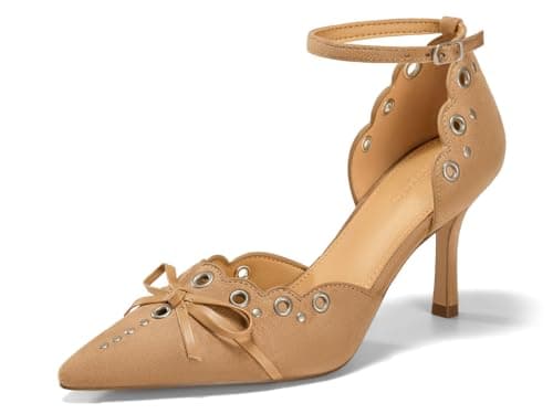 Coutgo Womens High Heels Bow Tie Closed Pointed Toe Stiletto Ankle Strap Studded Suede Dress Shoes, Khaki, Size 7.5