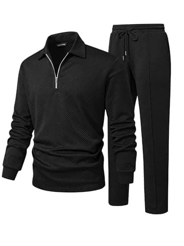 JMIERR Men's 2 Piece Outfits Quarter Zipper Polo Shirt Tracksuit, Black, XL