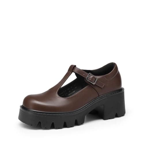 DREAM PAIRS Women's T-Strap Mary Jane Shoes Low Platform Chunky Block Heels Closed Toe Work Pumps Comfortable Round Toe Dress Wedding Party Shoes,Size 6.5,Brown,DWUMPU2571