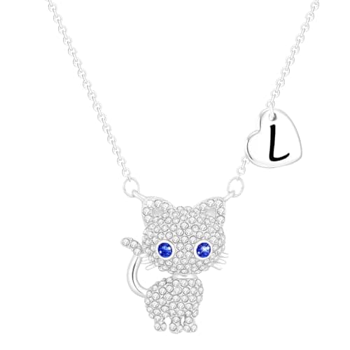Cat Necklaces for Girls Initial Necklace Heart Letter A-Z Adjustable Cute Birthday Gifts for Women Girls Daughter Granddaughter Niece 16+2 Inches (L, Silver)