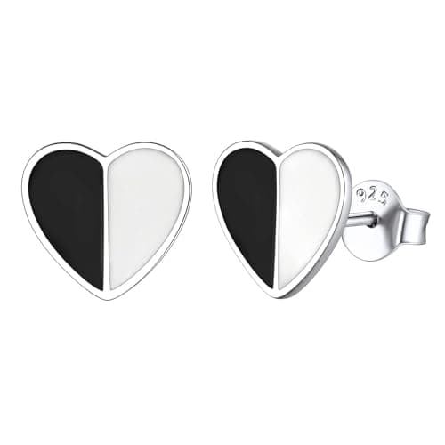 ChicSilver White & Black Heart Earrings Sterling Silver Small Stud Earrings for Women Hypoallergenic Studs for Sensitive Ears Halloween Stud Earrings