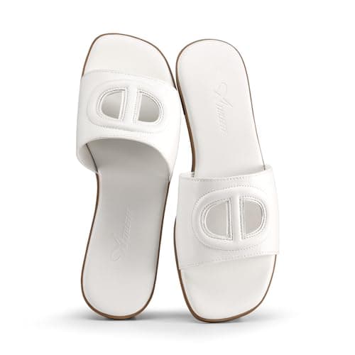 Athlefit White Flat Sandals for Women Square Open Toe Comfortable Slip On Beach Summer Slide Sandals Size 9