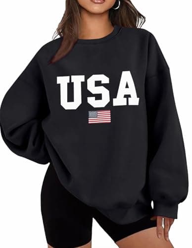 Lacozy Oversized Sweatshirt for Women USA Graphic Letter Crewneck Fleece Tops Loose Outfits Winter Clothes Black S