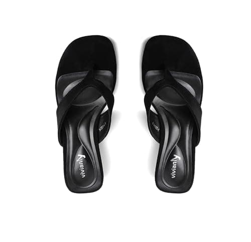 vivianly Women's Suede Low Chunky Block Heel Flip Flops Square Toe Thong Heeled Sandals Casual Slip On Mules for Work Beach Casual Outings Black Size 7