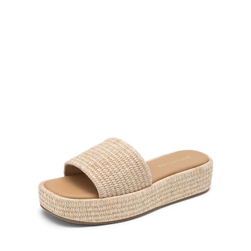 DREAM PAIRS Women Platform Slides Sandals Espadrilles Slip On Low Wedge Summer Open Toe Bohemia Dressy Beach Vacation Shoes,Size 6,Natural,SDWS26009W