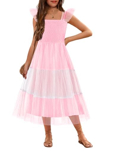 Arshiner Girls Summer Midi Dress Casual Smocked Ruffle Tulle Flowy Party Wedding Guest Dresses Multi Color 8