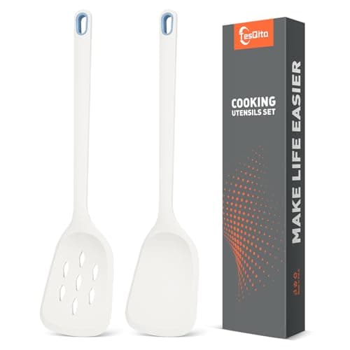 Silicone Cooking Spatula&Slotted Spatulas, Pack of 2,Solid Turner Kitchen Utensils Set for Cooking,Frying, Baking, Flipping, Turning,Heat Resistant 450℉ (White)
