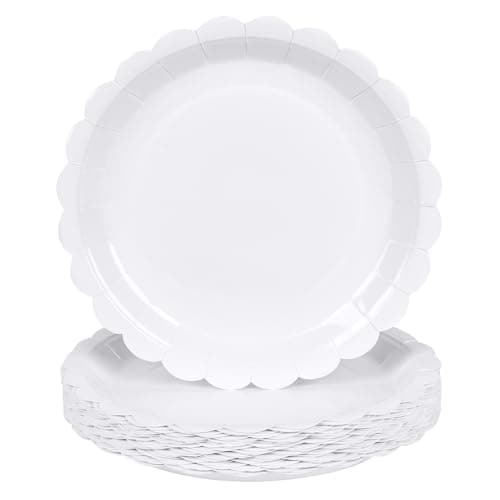 Houuqe 24 Pieces White Paper Plates 9 Inch Scalloped Dessert Plates Disposable White Cake Plate for Baby Shower Birthday Party Wedding Bridal Party Supplies