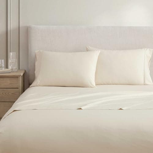 Martha Stewart - Full Size Sheets Set, Crisp & Tailored Cooling Sheets w/a Naturally Smooth Cotton Percale Lightweight Feel - Matching Pillowcases & Fitted Sheet (Skylands Solid Beige)