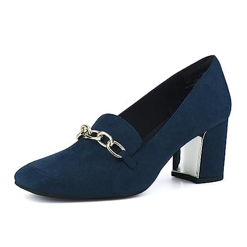 JENN ARDOR Women Heeled Loafers Block Heels for Women Pumps Closed Square Toe Slip on Heels 2.5 Inch Mid Heel Dress Loafers Work Casual Shoes with Chain for Women