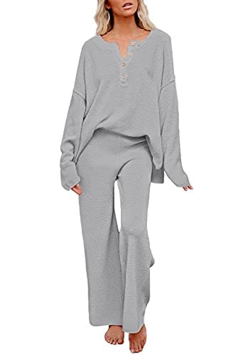 Pink Queen Women's 2 Piece Knit Outfit Set Long Sleeve Button Sweater Top and Wide Leg Pants Lounge Set Gray L